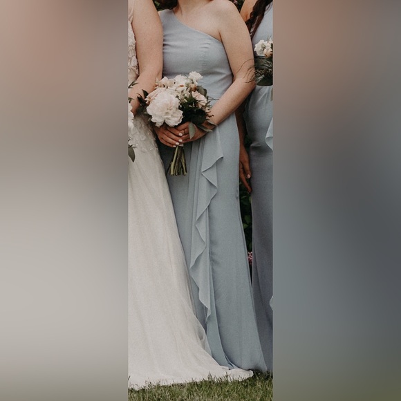 David’s Bridal Dusty Blue Chiffon One Shoulder Bridesmaid Dress Size 4 - Picture 5 of 6